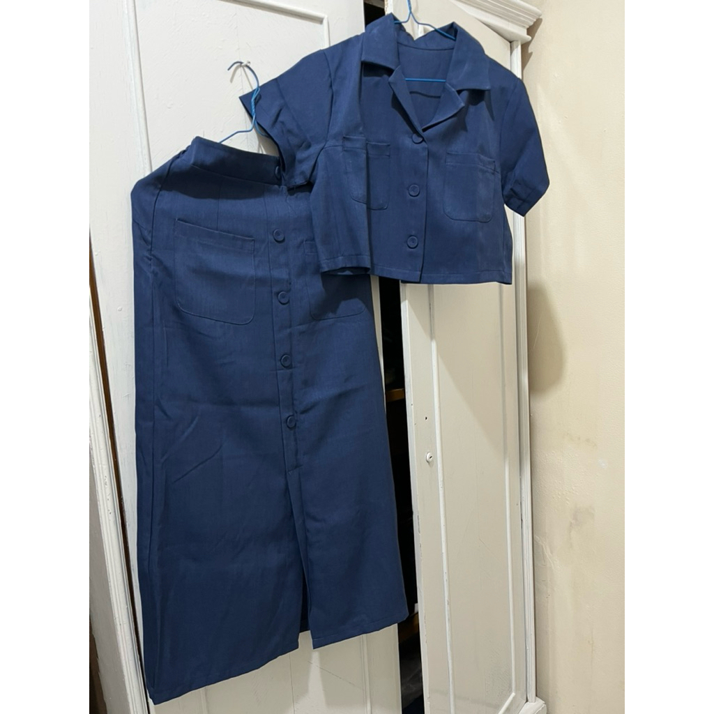 one set navy rok span baju crop