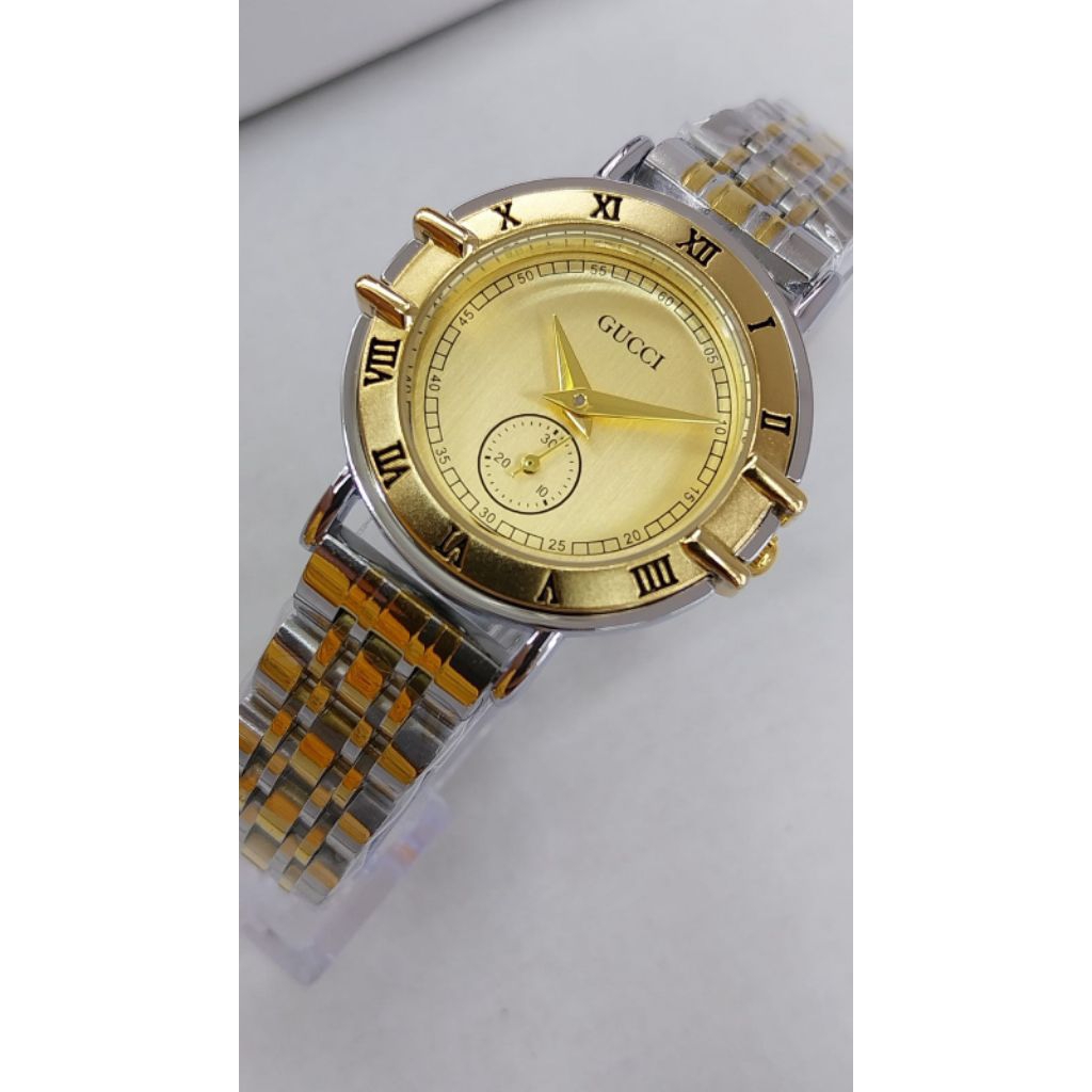 Jam Tangan Pria Elegan Stainless Steel Gold Silver Dial Gold Klasik