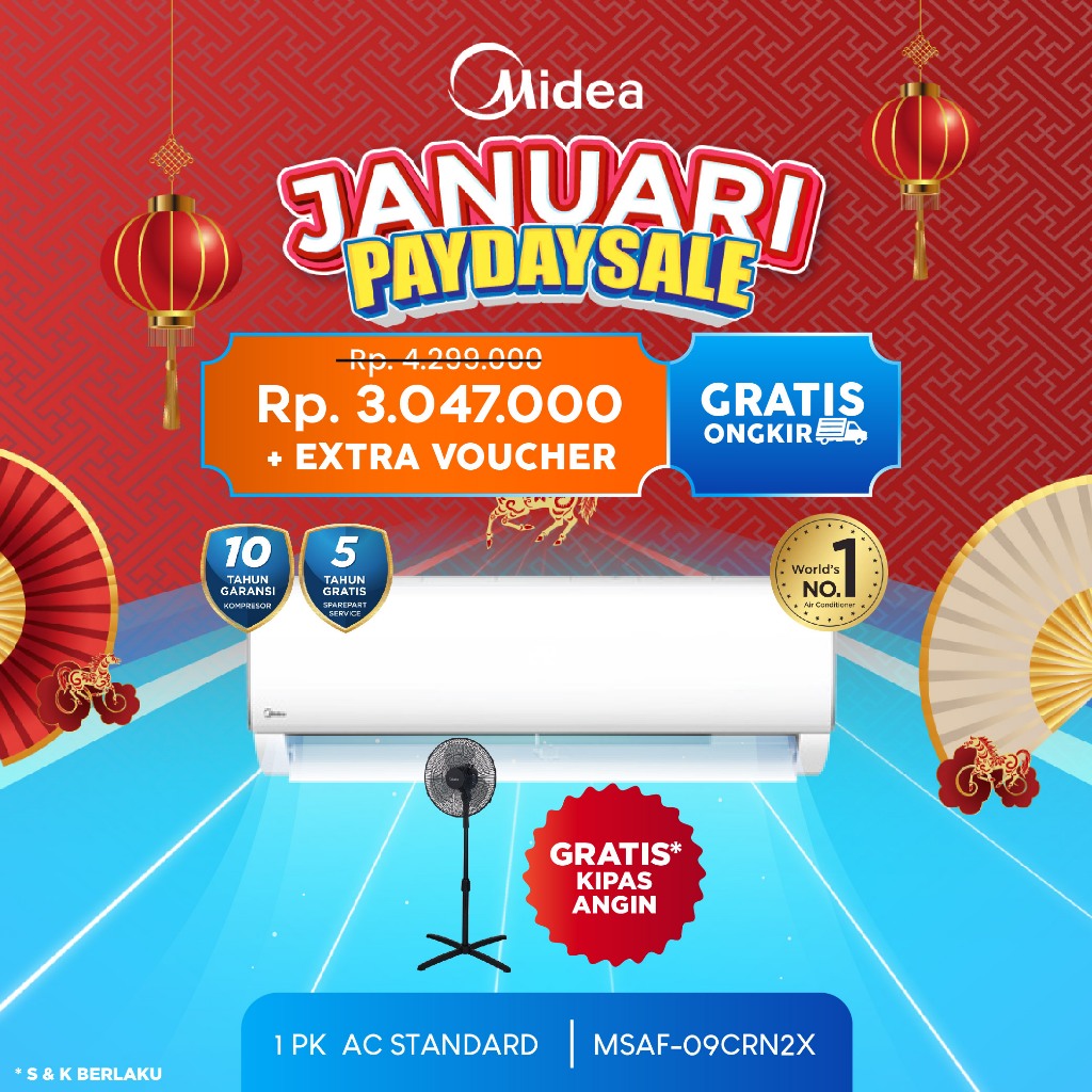 Midea AC Standard 1 PK R32 Series MSAF-09CRN2X Prime Guard Hyper Graphins Cepat Dingin (Unit Indoor 