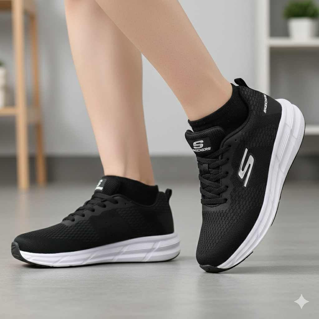 Sepatu Skechers Pria Wanita Hitam Putih Navy Double Mesh