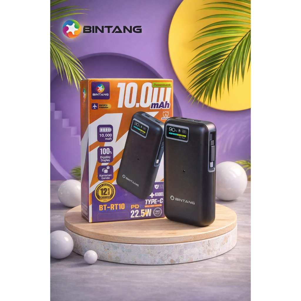 POWERBANK 2 PORT TYPE C + KABEL TYPE C 10000 MAH BINTANG 22.5W BT-RT10