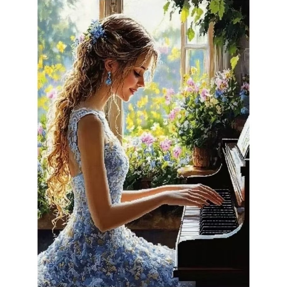 paket kristik wanita pemain piano organ alat musik pola kain cross stitch kit