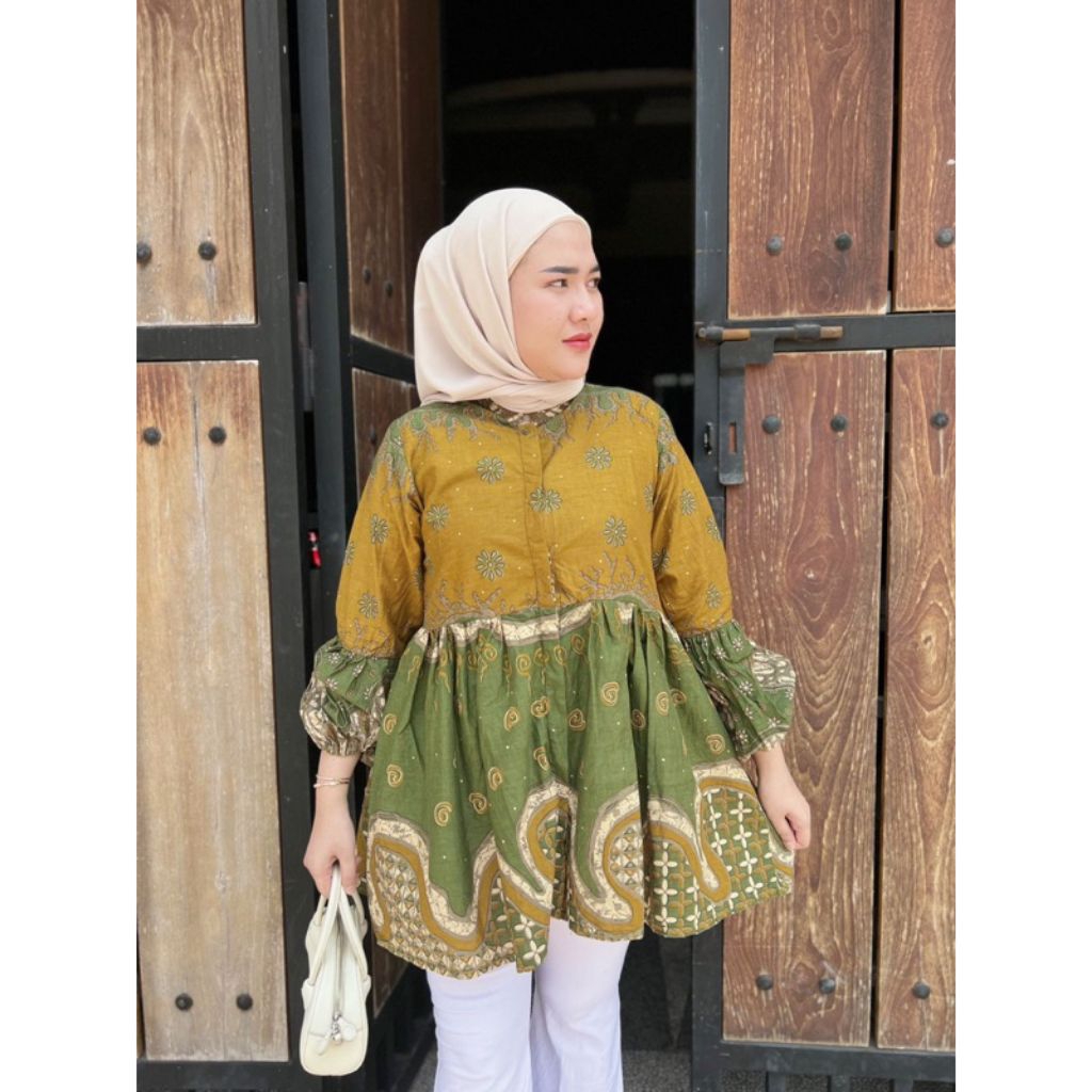 Albatik | blouse batik wanita bahan katun prima premium warna kuning kombinasi hijau
