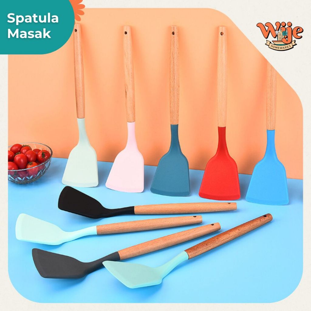 Spatula Silikon Utensil Gagang Kayu Tahan Panas Sutil Silikon Tahan Panas