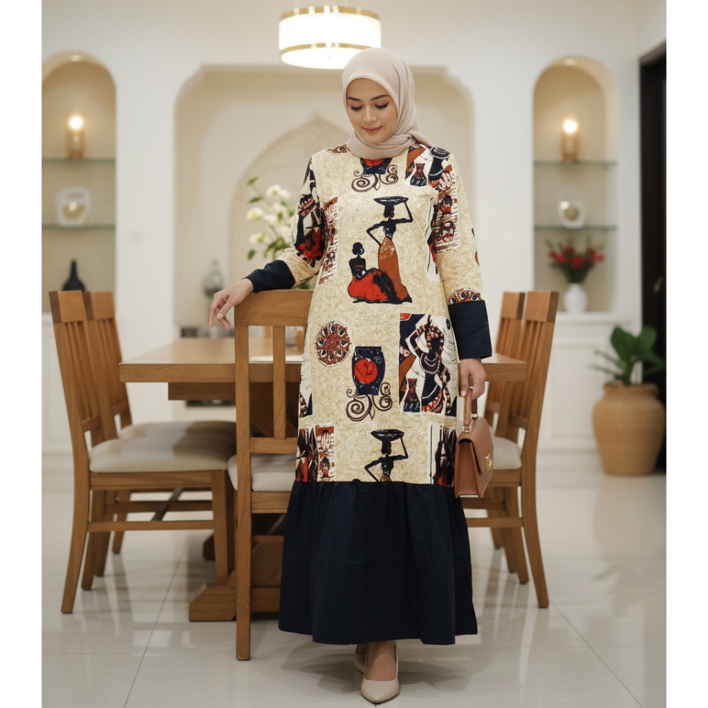 Gamis Rayon Coklat Muda Motif Ethnic