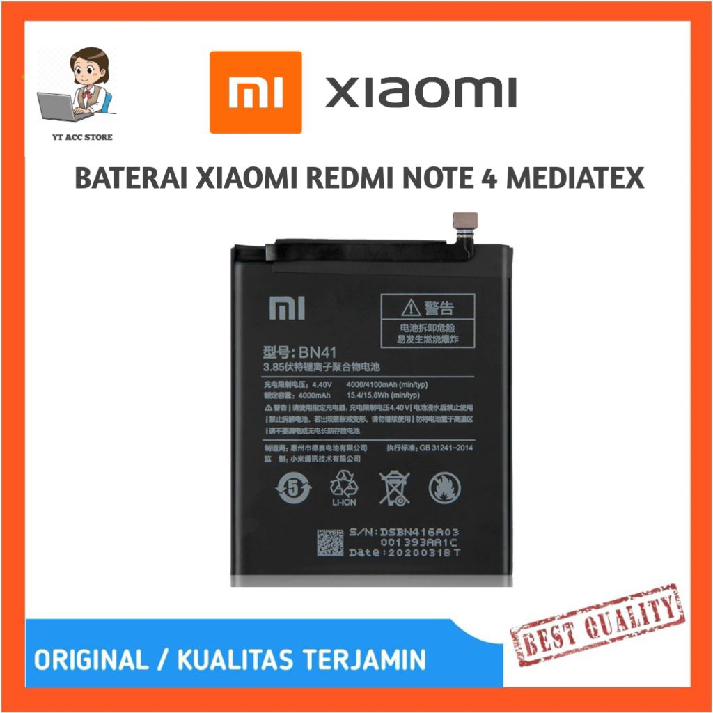 Baterai Batre Redmi Note 4 Mediatek BN41 BN-41 Original