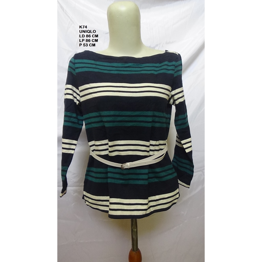 K74 Kaos Wanita Lengan Panjang Uniqlo Striped - Atasan Garis