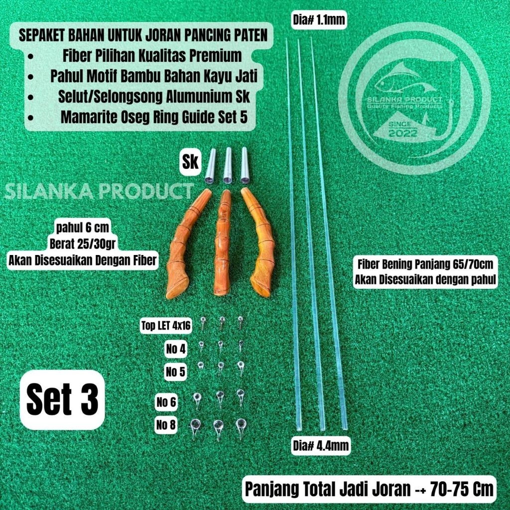Sepaket Bahan Untuk Joran Pancing Siap Lilit Benang/ Bahan U/Joran Paten P.70-75cm Fiber Bening