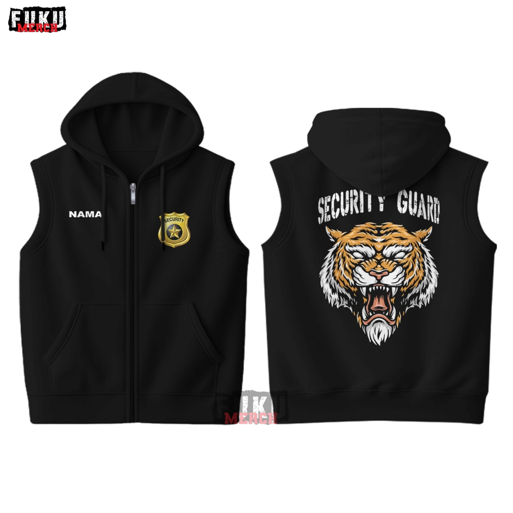 Rompi Hoodie Zipper Fleece Unisex Hitam Security Guard Elegan Free Custom Nama
