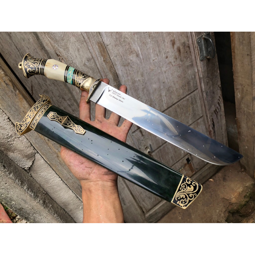 Pisau Sembelih Baja BOHLER M390 30cm 60 HRC Tajam - Sarung Kayu Burl Gren, Gagang Tanduk, Fulltank d