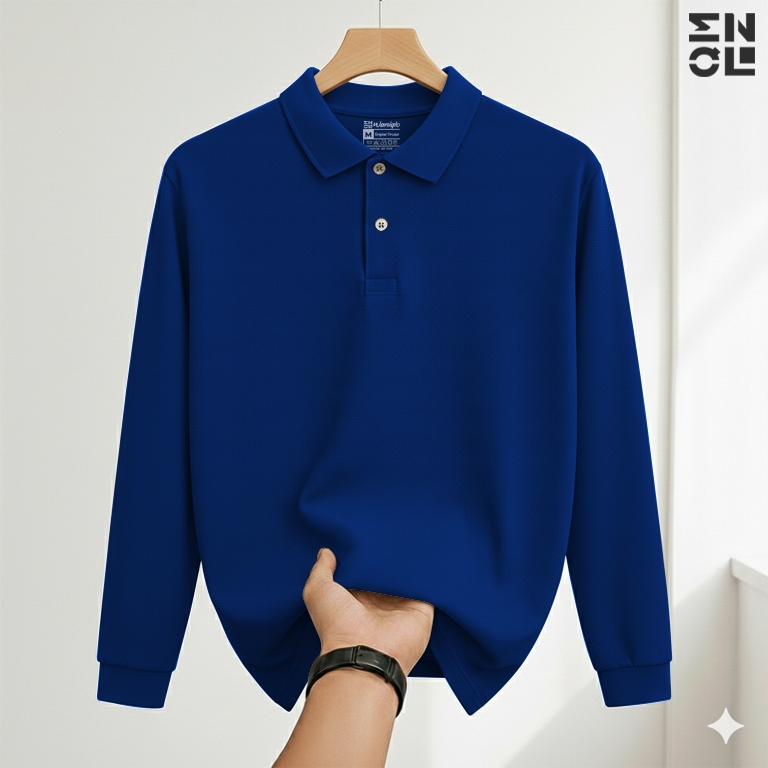 Waniqlo - Kaos Polo Outfit Kerah Lengan Panjang Polos Terkeren Pria & Wanita Baju Kerah - Biru