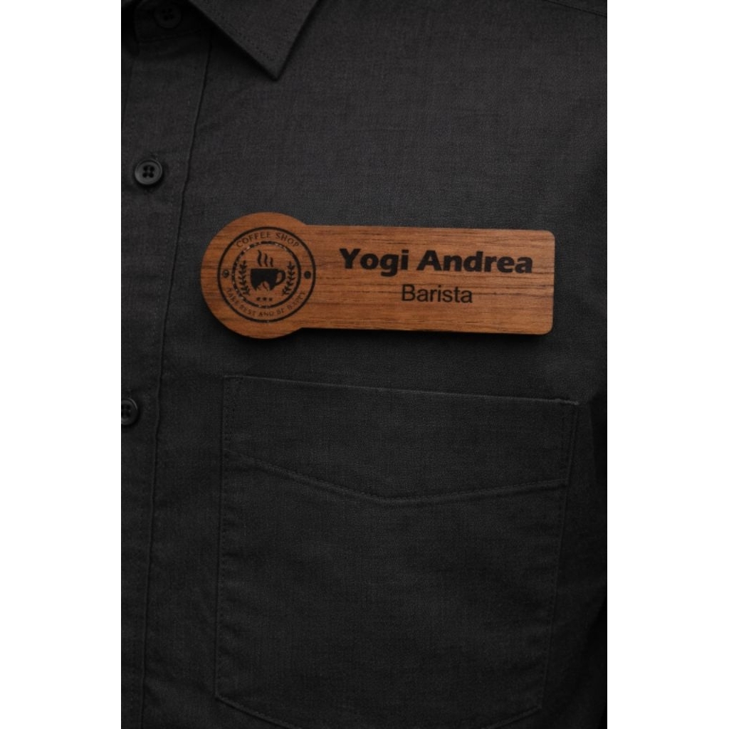 Nametag Papan Nama Dada Kayu / Acrilik Peniti / Magnet Grafir Nama Logo