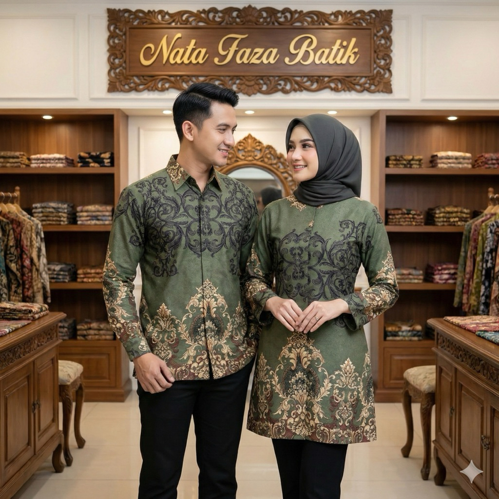 CRAFTED Hijau Army Batik Serat Dobby Premium Kemeja Pria & Tunik Wanita Motif Ornamen Floral Modern 