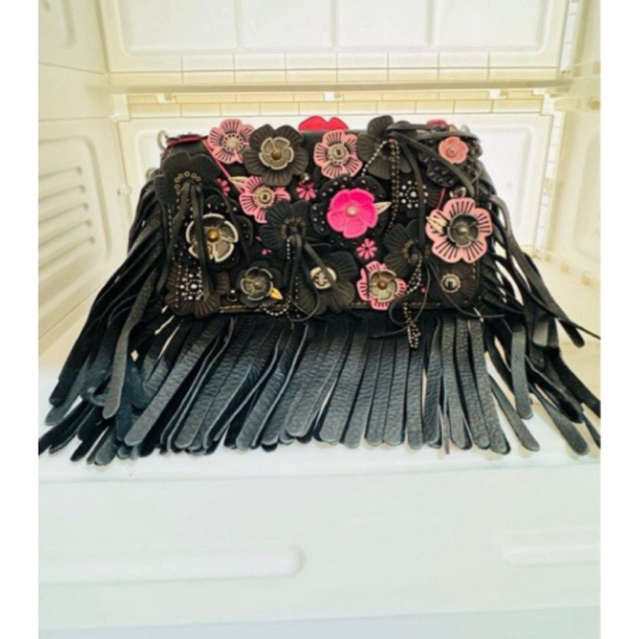 Coach Tearose / Coach 1941 Dinky Wild Tea Roses Fringe Black Pink Crossbody Bag Flowers 86847