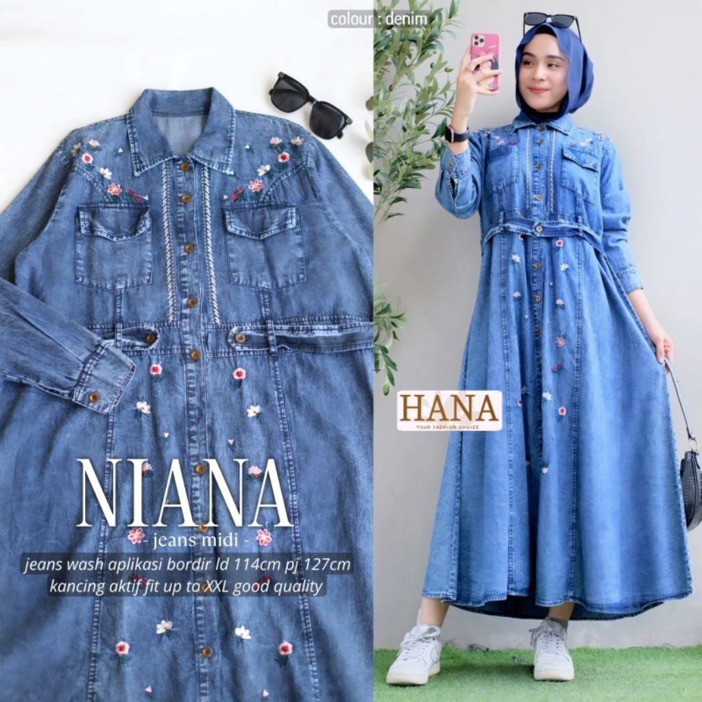 Nana midi dress jeans bordir by hana dress import dress simple elegant gamis denim motif bunga gamis