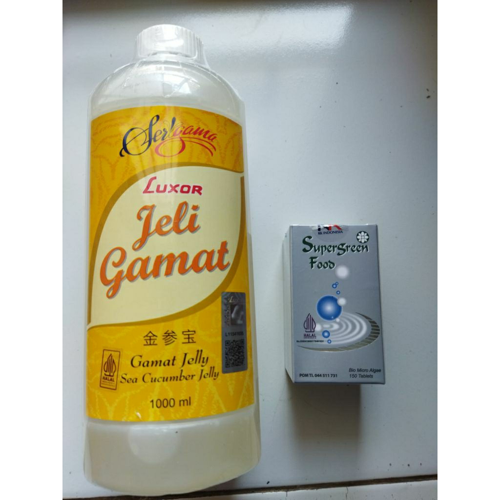 Jelly Gamat Luxor 1000 ml + Spirulina Super green food KK 800 Tab Paket