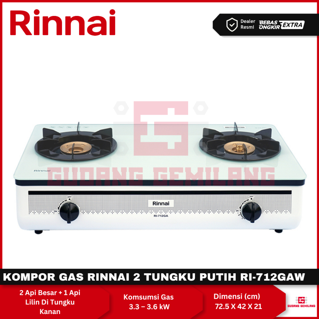 Kompor Gas RINNAI 2 Tungku Kaca Masak Putih RI-712 GA(W) Api Lilin Turbo Putih