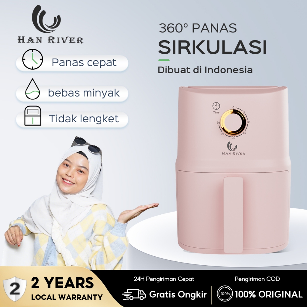 HAN RIVER Air Fryer 3.5L 500w Low Power Pink Listrik Multifungsi Tanpa Minyak Untuk Goreng Panggang