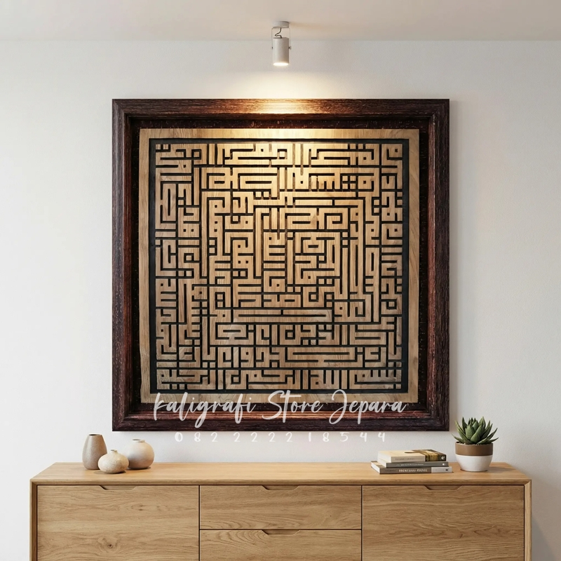 Kaligrafi kufi kayu jati perhutani model antik ukir jepara surah alfatihah untuk pajangan dinding