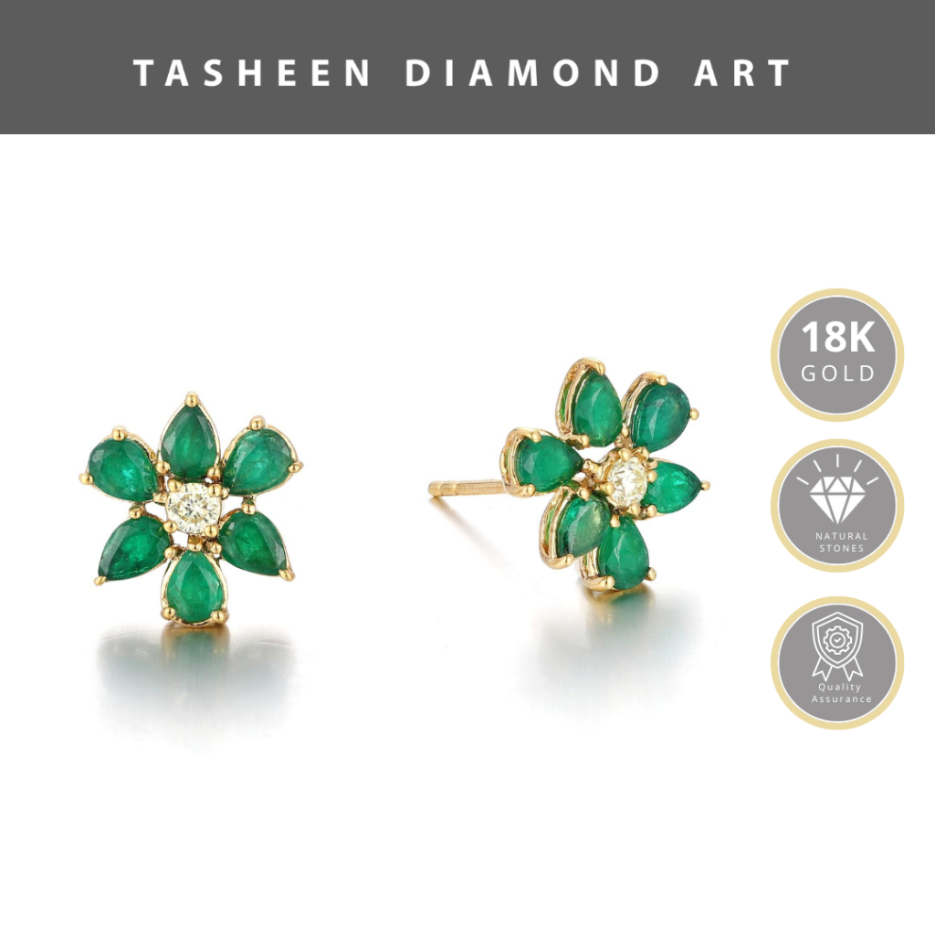 TDA Gold Green Emerald Flower Earring Anting Emas Berlian Batu Safir Asli Wanita