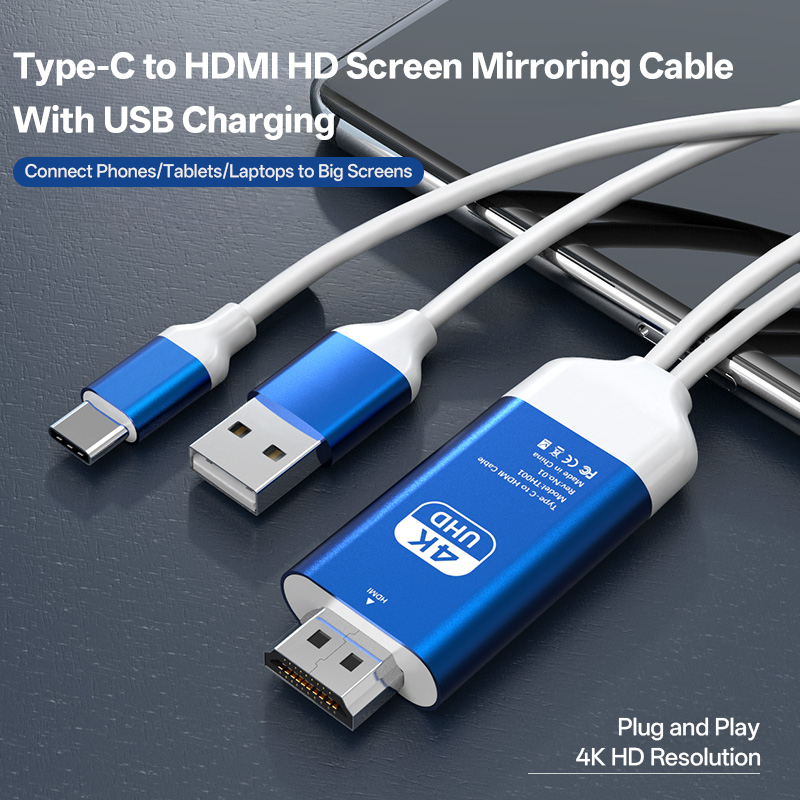 Kabel Type-C ke HDMI 4K dengan Port USB Charging untuk Ponsel Laptop Tablet TV Proyektor