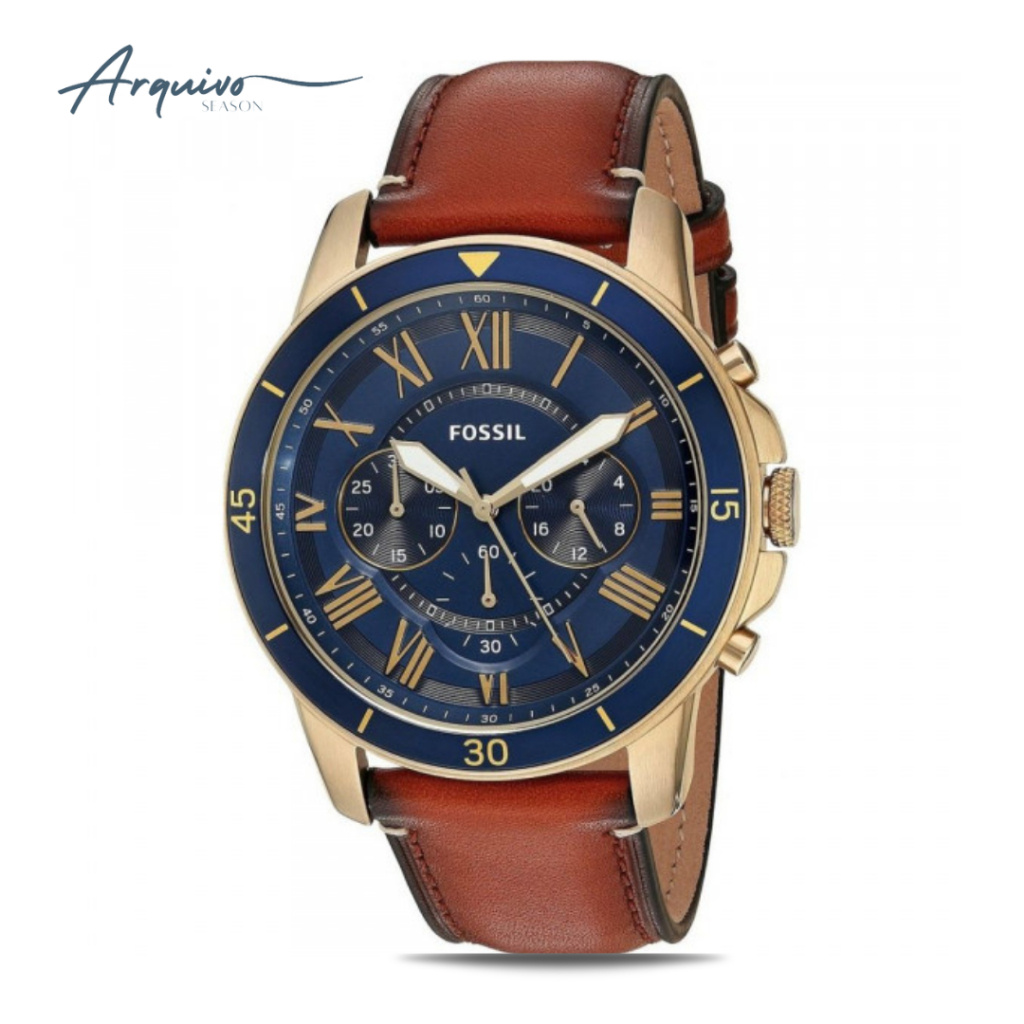 Jam Tangan Fossil Pria Grant Chronograph Kulit Brown Dial Blue Casual Original FS5268