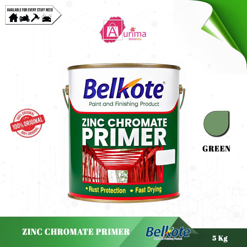 BELKOTE ZINC CHROMATE PRIMER GREEN CAT PRIMER ANTI KARAT PREMIUM UNTUK BESI DAN BAJA 5 Kg ORIGINAL