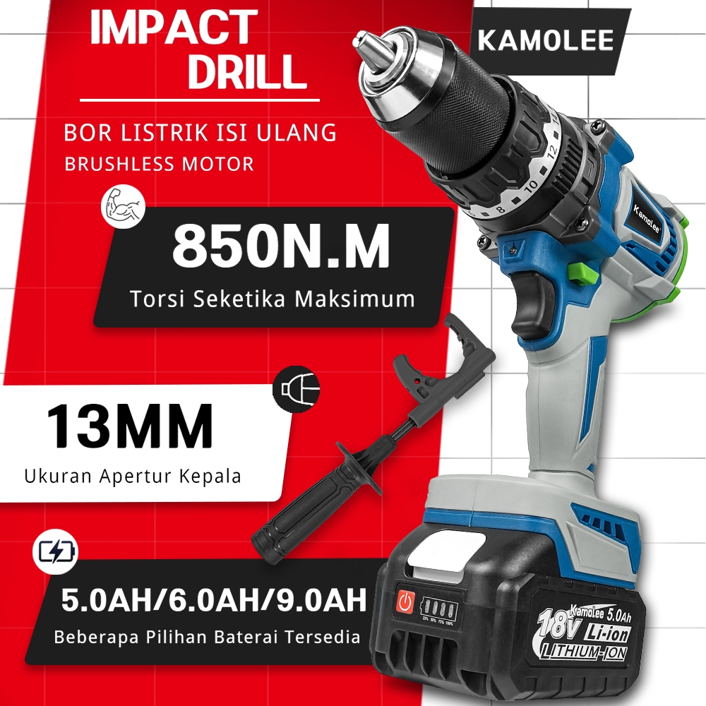KAMOLEE 850n.m Impact Drill Brushless 13mm LED