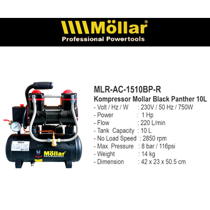 MOLLAR Mesin Kompresor Silent Air 1HP 10 Liter 750 Watt MLR-AC1510BP-R/ Mollar Silent Air Compressor