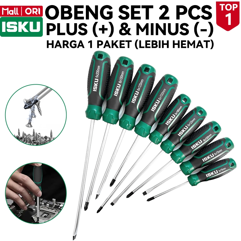ISKU Obeng Set 2 Pcs Plus Minus Obeng Kembang Gepeng Magnet Kuat Alat Perkakas Bengkel Obeng CR-V An