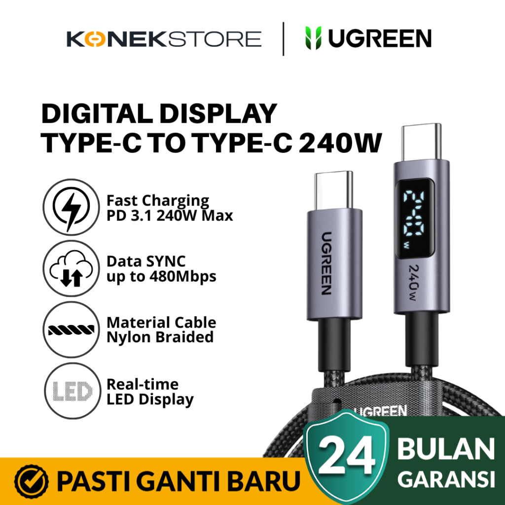 UGREEN Kabel Data PD Type C to Type C Digital Display Fast Charging 240W Max 5A Nylon Braided