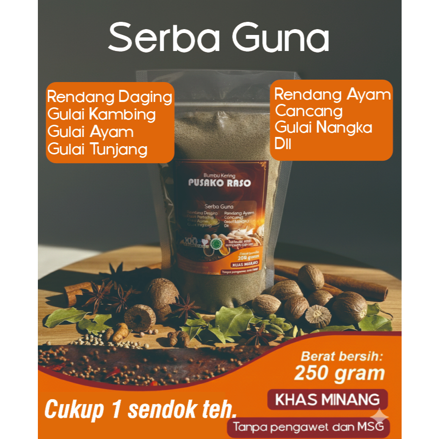 Bumbu Rendang Minang Asli Pusako Raso | Bumbu Kering Serbaguna | Cukup 1 Sendok Teh | 250 Gr