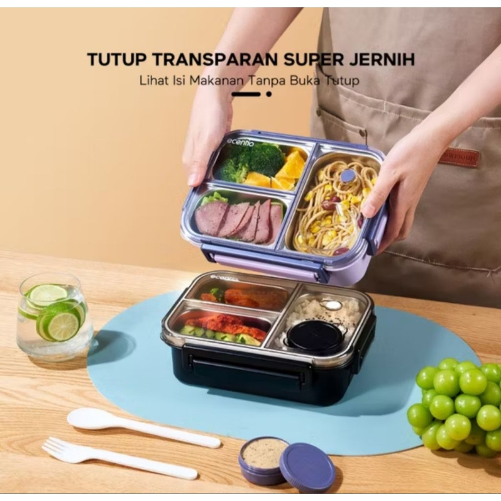 Ecentio Kotak Makan / Lunch Box Stainless 3 Sekat Tahan Panas Dan Anti Tumpah (800 ml).