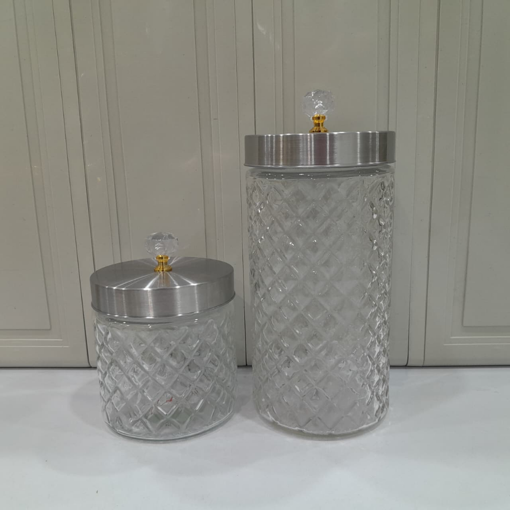Toples Kaca Diamond / Toples Kaca Tutup Stainless / Toples Kue Lebaran / Toples Kaca Motif Bening