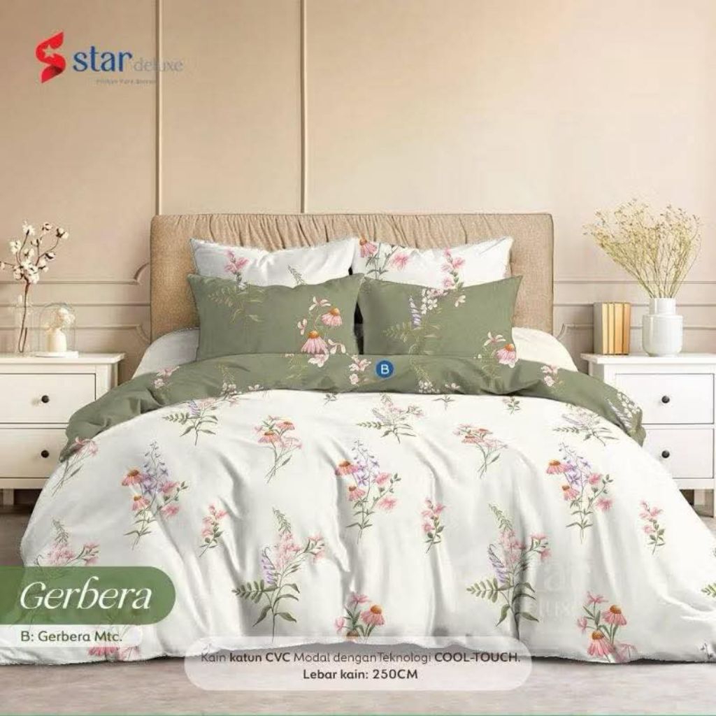 Bahan Sprei Katun CVC Motif Bunga Putih Hijau Merk Star, Esra, Bintang Kecil Lebar 2.5m