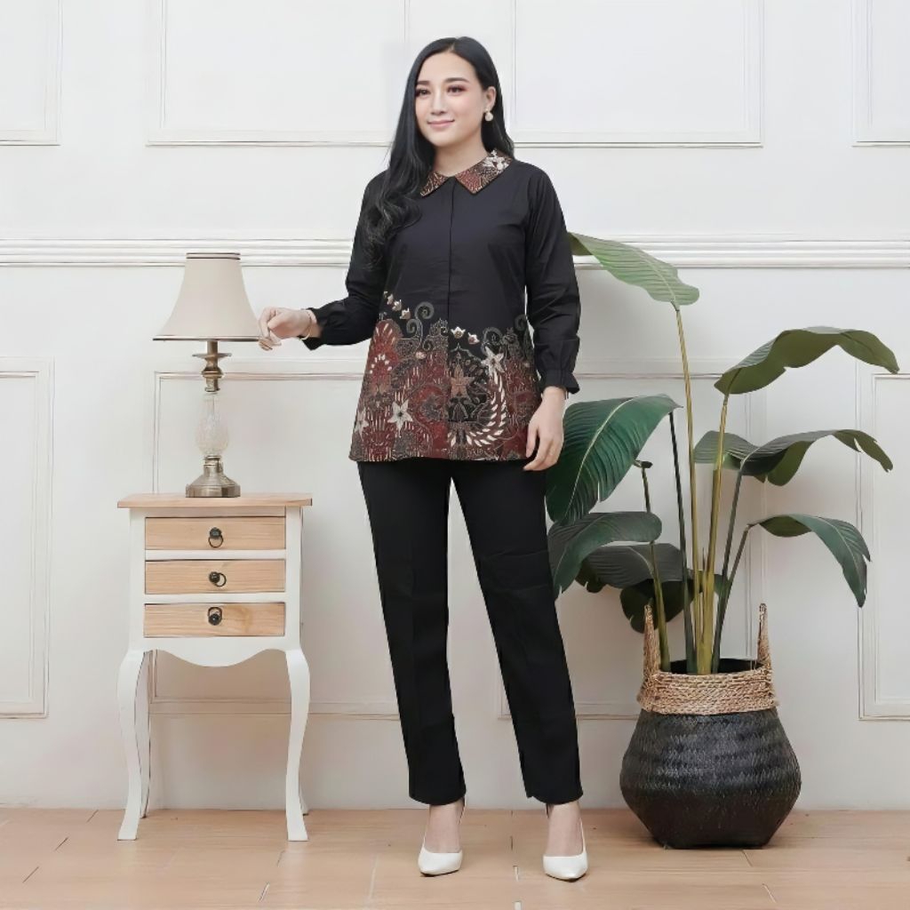 Batik Wanita Blouse Lengan Panjang Kancing Depan Berkerah Bahan Katun Prima - Baju Seragam Batik Kan