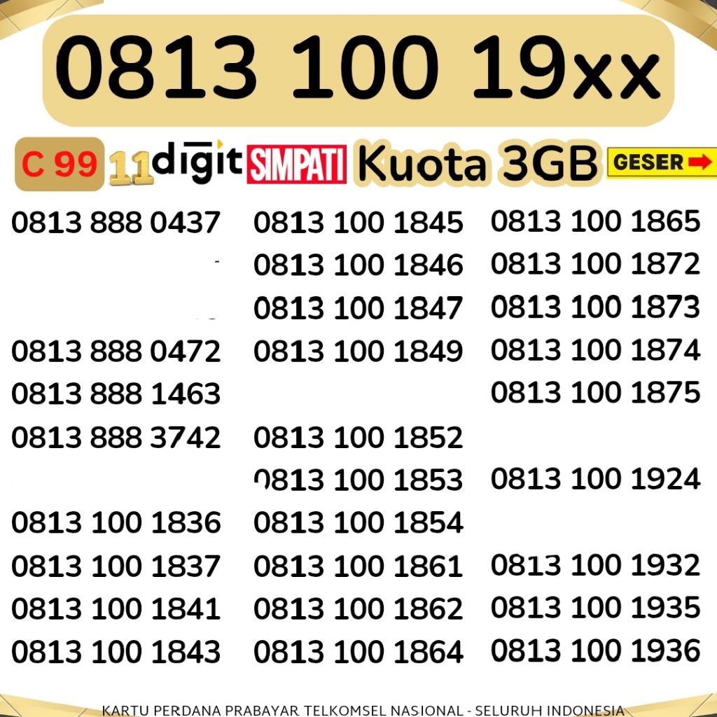 11 DIGIT TELKOMSEL BONUS KUOTA 3GB NOMOR CANTIK 100 TELKOMSEL 4G 5G NOCAN SIMPATI TELKOMSEL KWARTED 