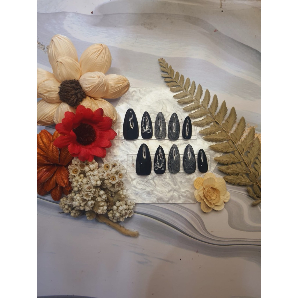 Kuku Palsu Hitam Marble Nail Art Premium Homemade Nail Art Desain Elegan