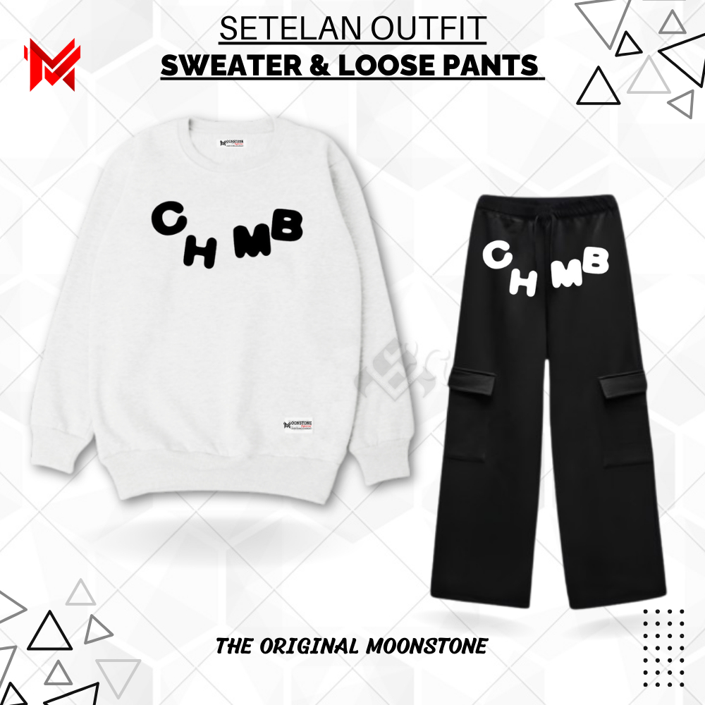 Oneset Setelan Outfit Sweater Dan Celana Panjang Cargo Cowok 1 Set Keren Dewasa Creawneck Korean Sty