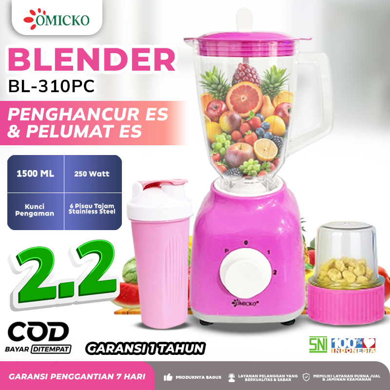 Blender OMICKO BL-310PC Pink 1500ml 250W | 6 Pisau Stainless Steel | Safety Lock | Hemat Listrik