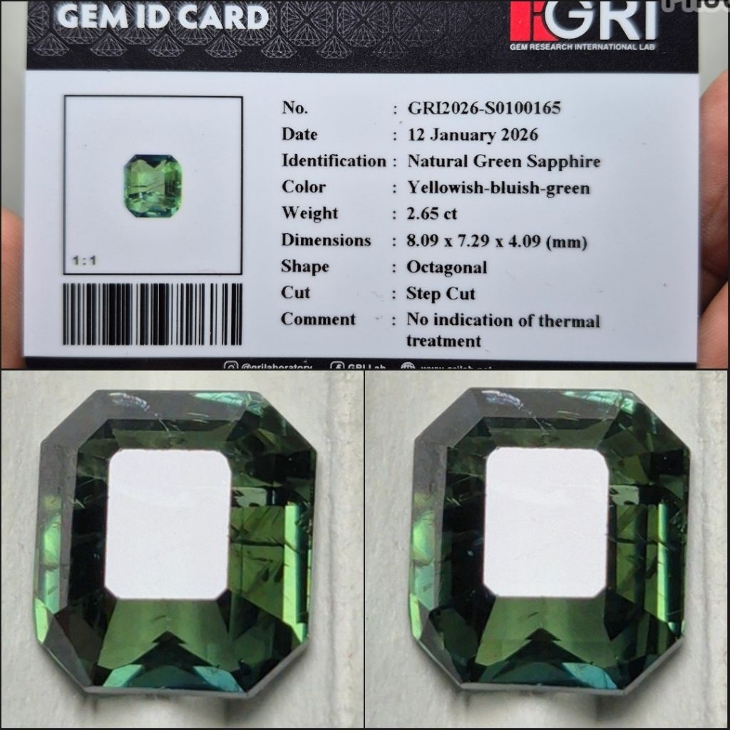 Natural Green Sapphire 2.65 crt NoHeated NTE NH Memo GRI Lab
