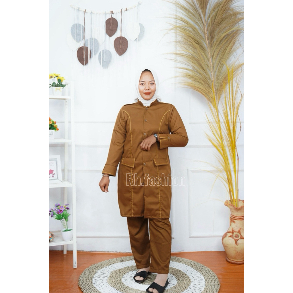 Stelan tunik pdh khaki tua seragam dinas pns wanita