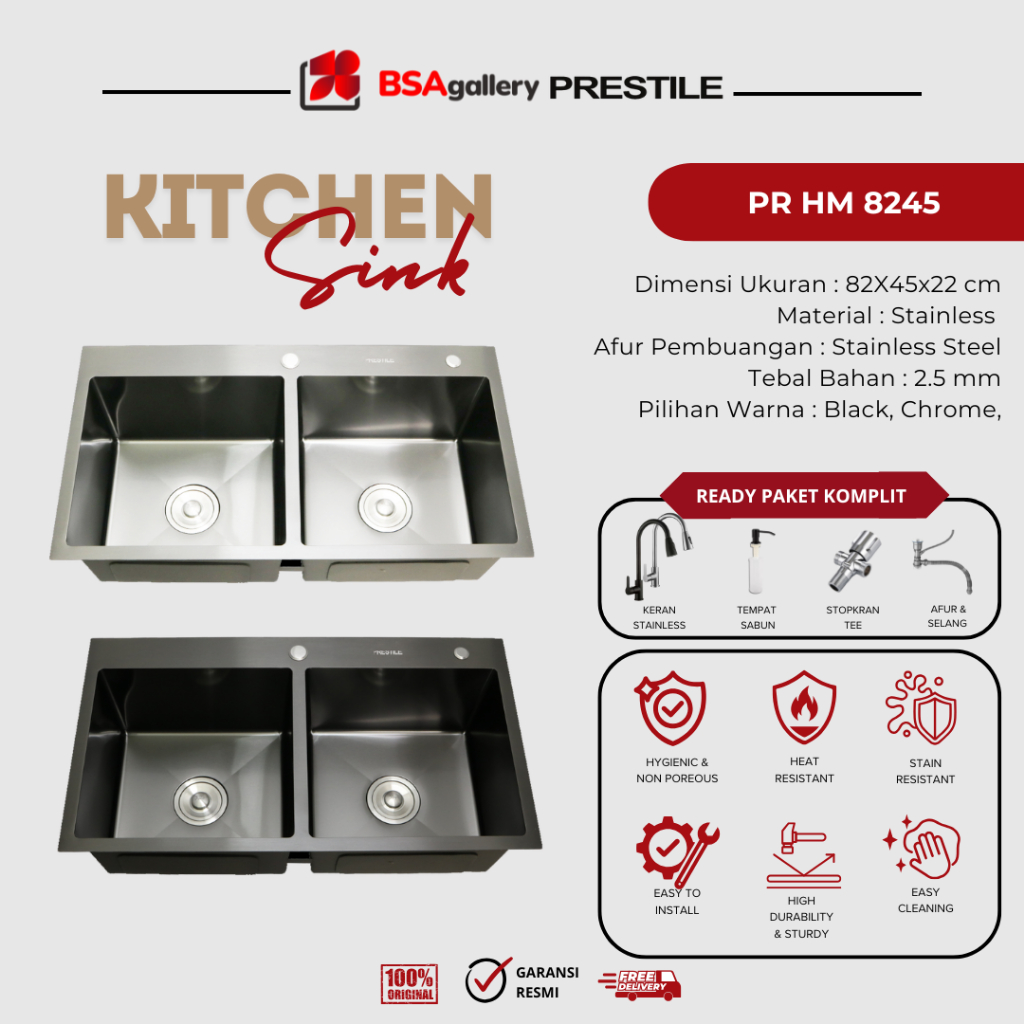BSA Gallery KITCHEN SINK PRESTILE 82X45 CHROME BLACK KOMPLIT KRAN HITAM STAINLESS BAK CUCI PIRING