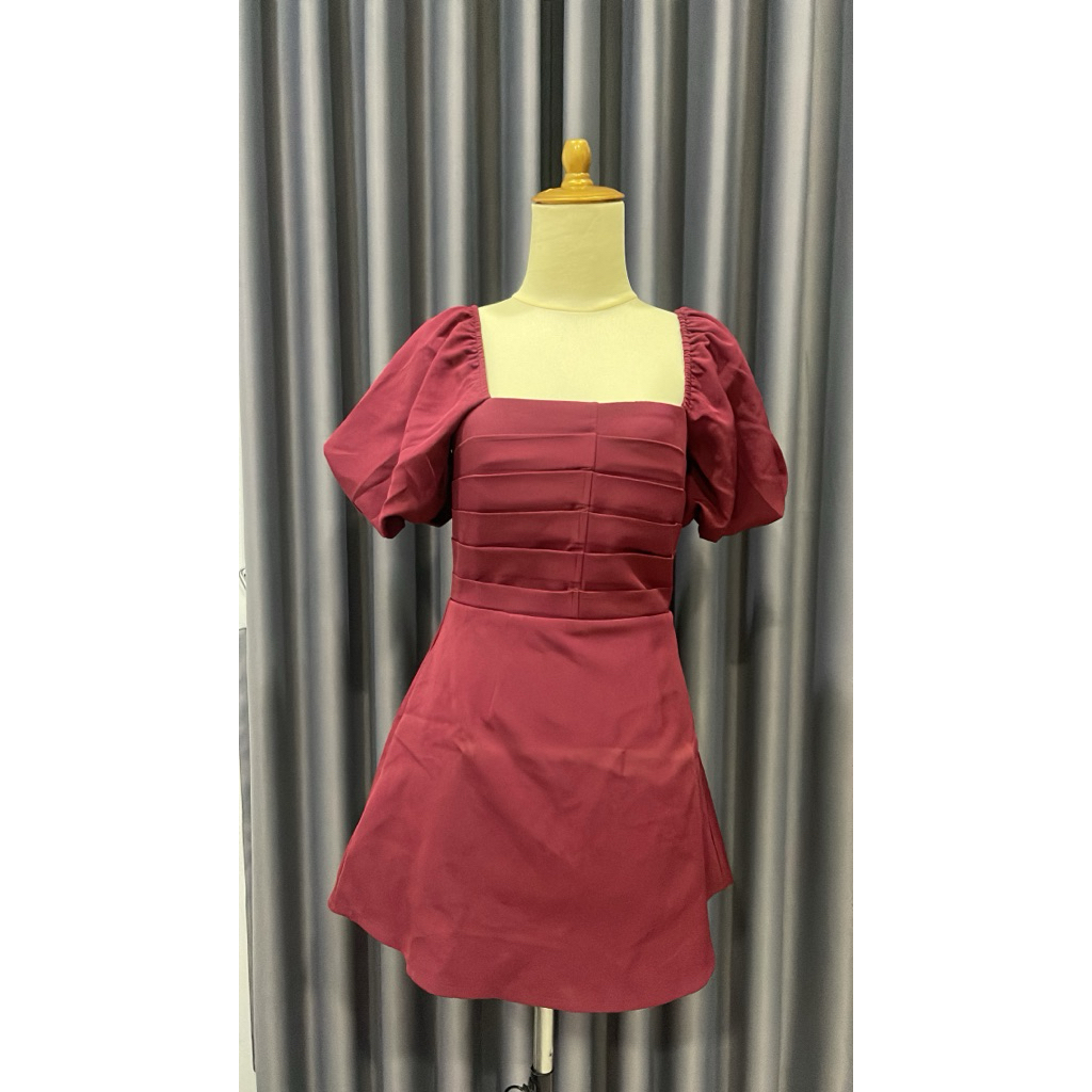 Dress Wanita Maroon Square Neck Puff Sleeve Mini Dress Lengan Balon Dress Pendek Pesta Kondangan
