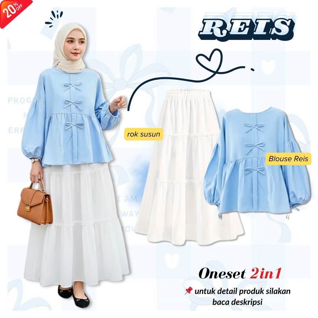 Sysy Outfit - One Set Korea | Blouse Tali Pita Soft Blue + Rok Susun Putih | Outfit Lebaran