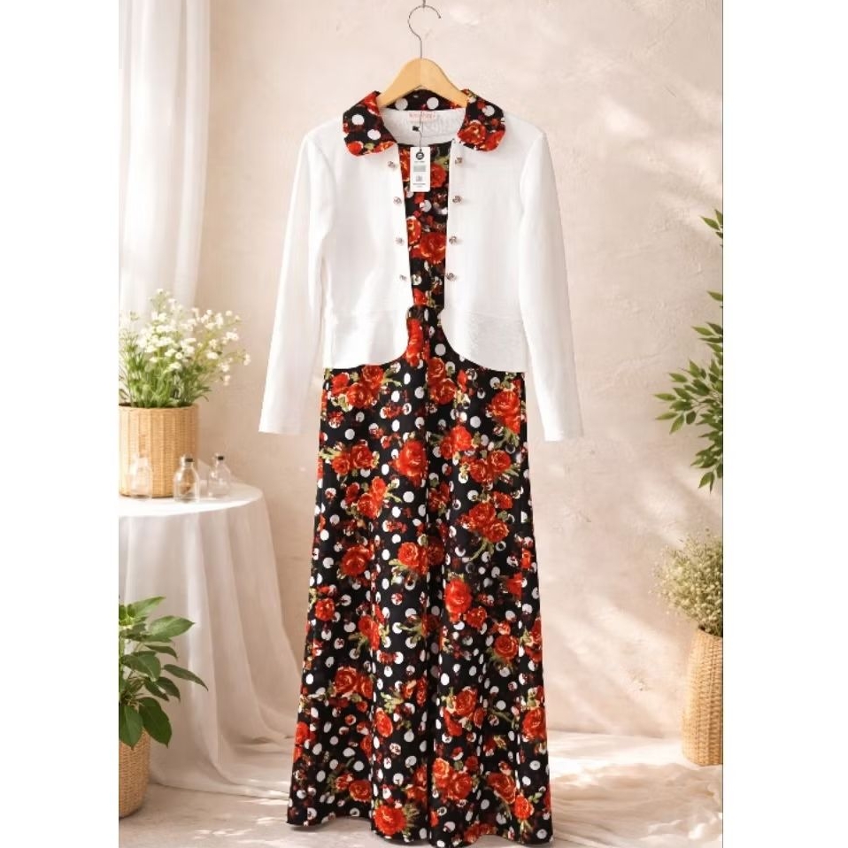 Gamis Wanita Motif Bunga Polkadot Kombinasi Outer Putih Lengan Panjang – Size XXL
