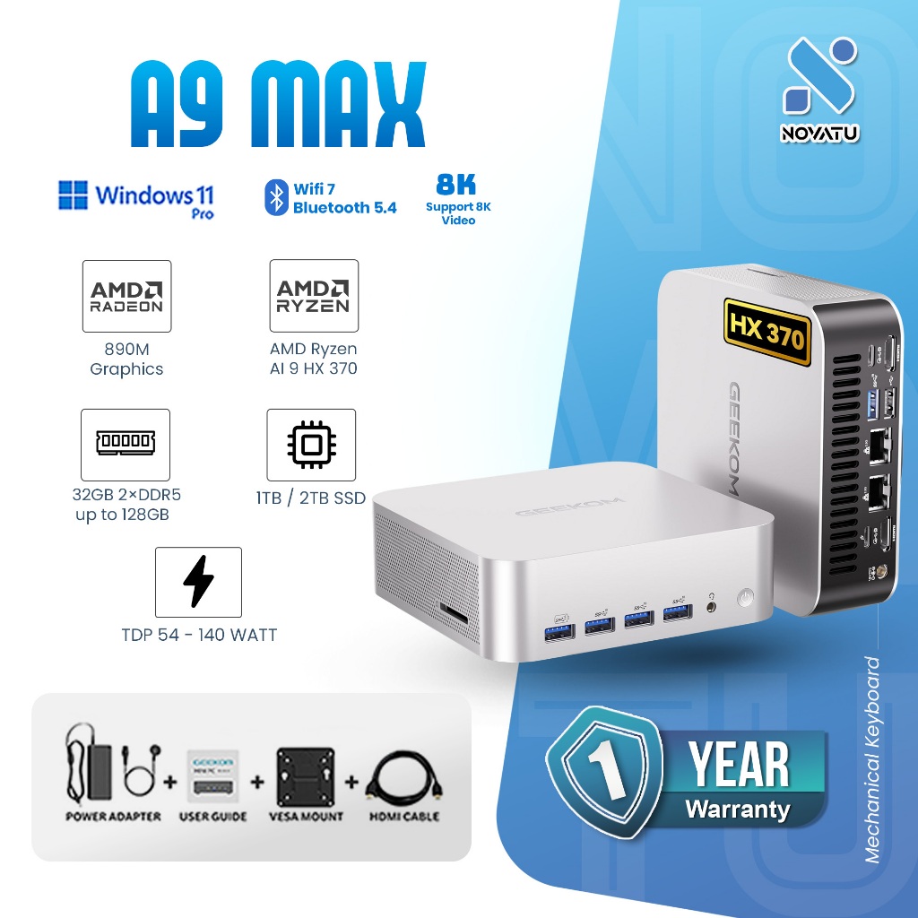 Geekom Mini PC A9 MAX AMD Ryzen AI 9 HX 370 RAM 32GB DDR5 SSD 1TB NVME Windows 11 Pro