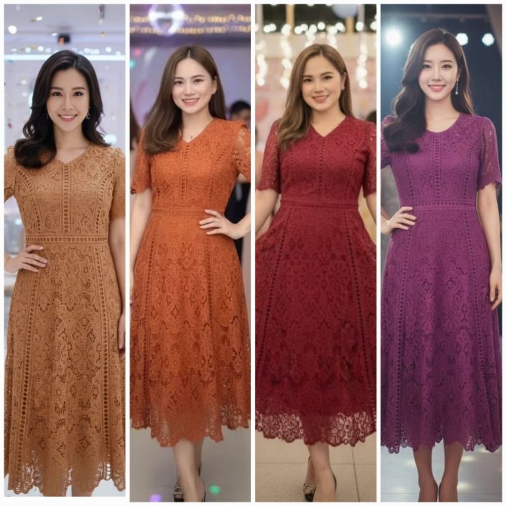 Brukat Leher 71328/Dress Dress Brukat Panjang dengan Leher V Lengan Pendek dan Resleting Belakang V 