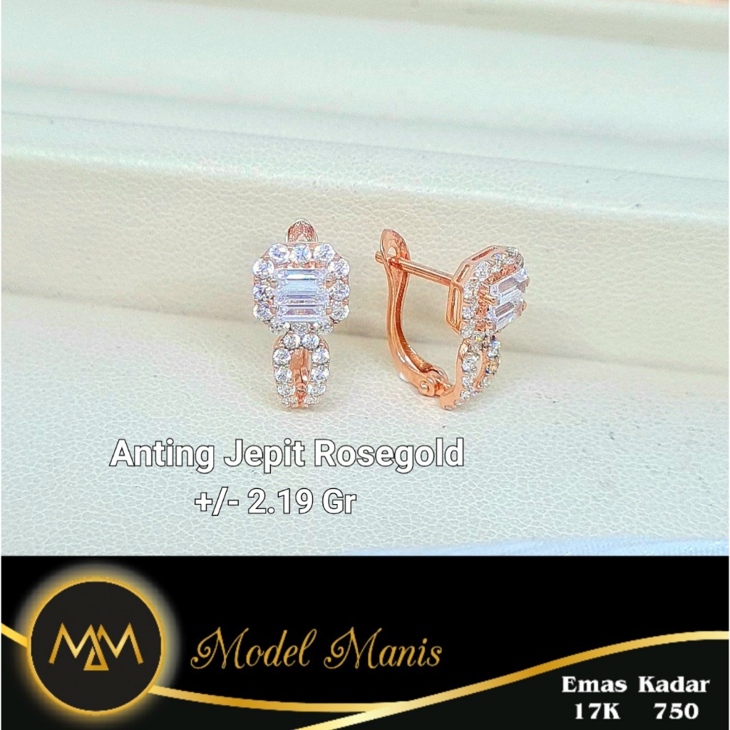Model Manis Gold - Anting Jepit Baguette Kotak Rosegold - Emas 17k  750