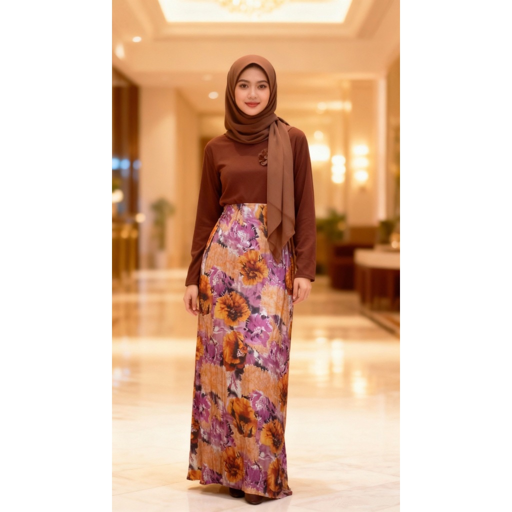 Gamis Spandek Coklat Kombinasi Motif Bunga